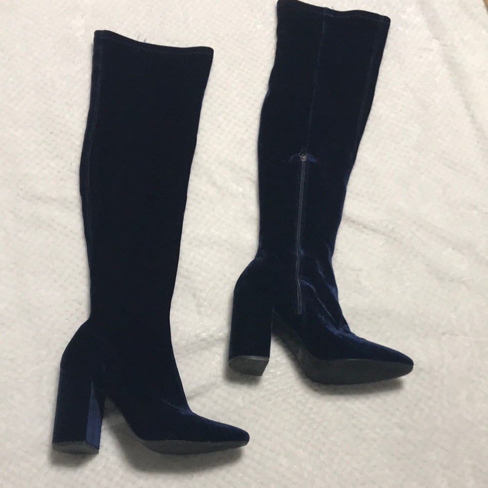 Zara Navy Blue Velvet Knee-High Block Heel Boots